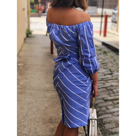 🆕Blair Blue Striped Off the Shoulder Midi Dress - Picture 3 of 6